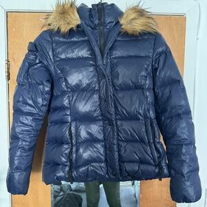 Women's Blue Puffer Jacket with Faux Fur Trim
